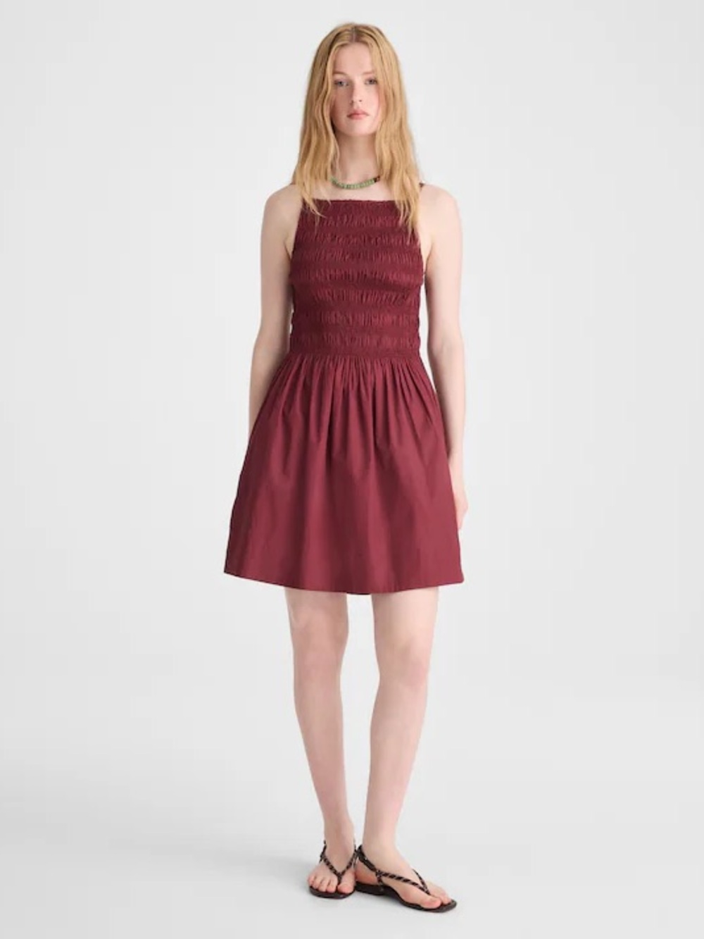 Madewell Wine Red Smocked Square-Neck Mini Dress
